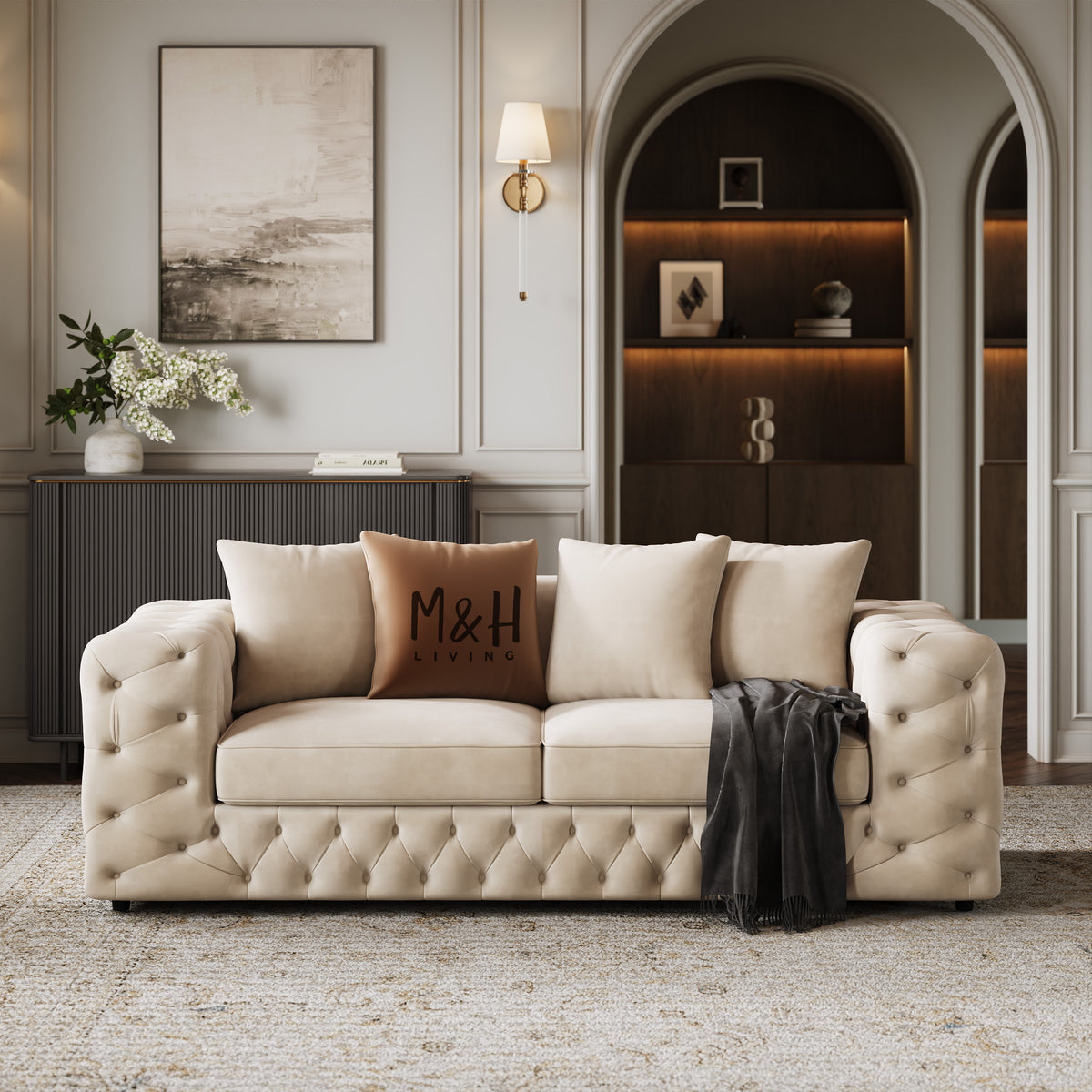 Ashton 3 + 2 Seater Sofa Set shown in plush velvet, front view in a living room