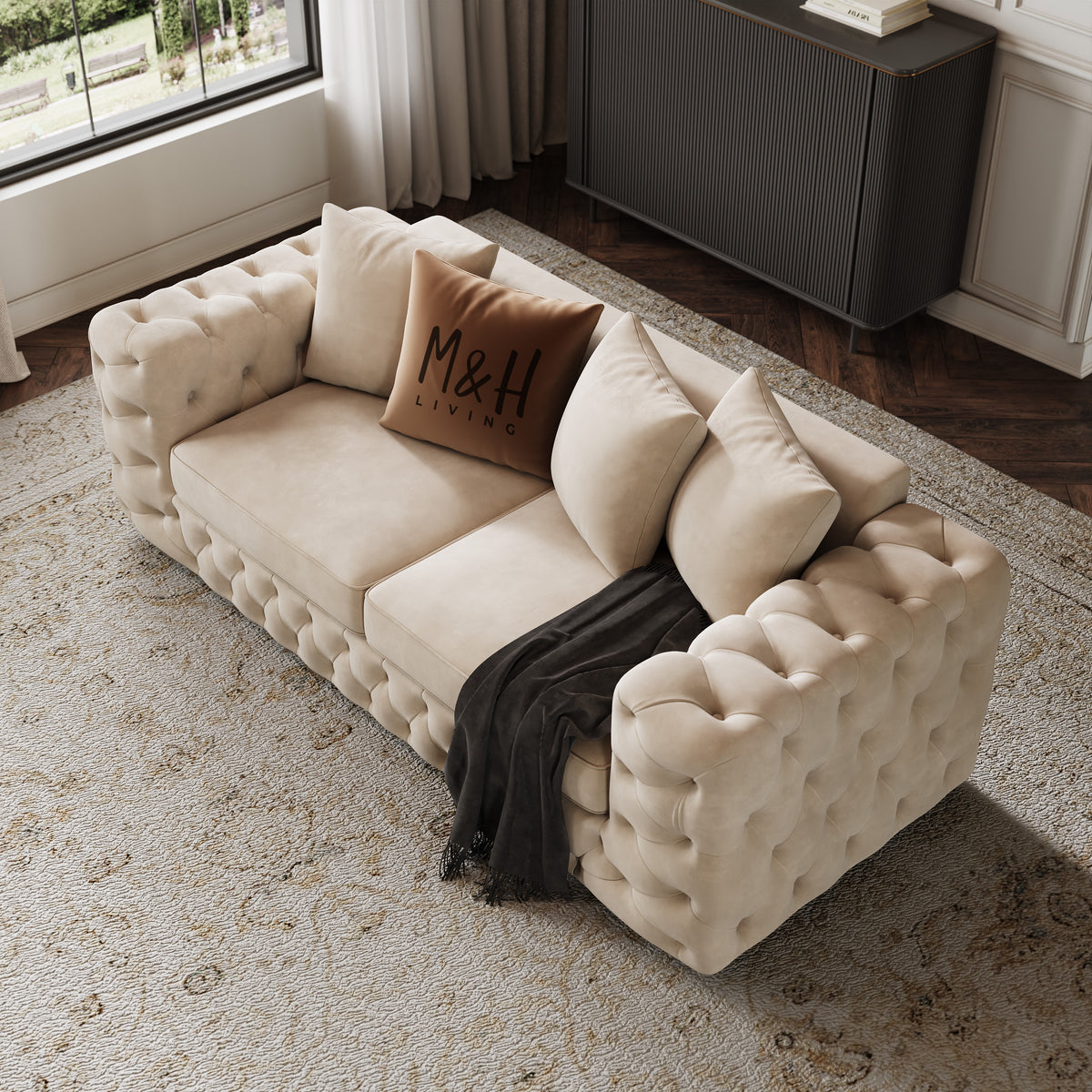 Ashton 2 Seater Sofa shown in plush velvet, overhead view in a living room