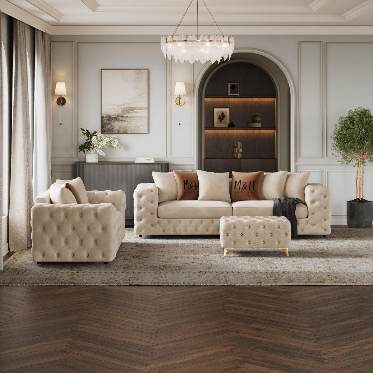 Ashton 3 + 2 Seater Sofa Set shown in plush velvet, front view in a living room