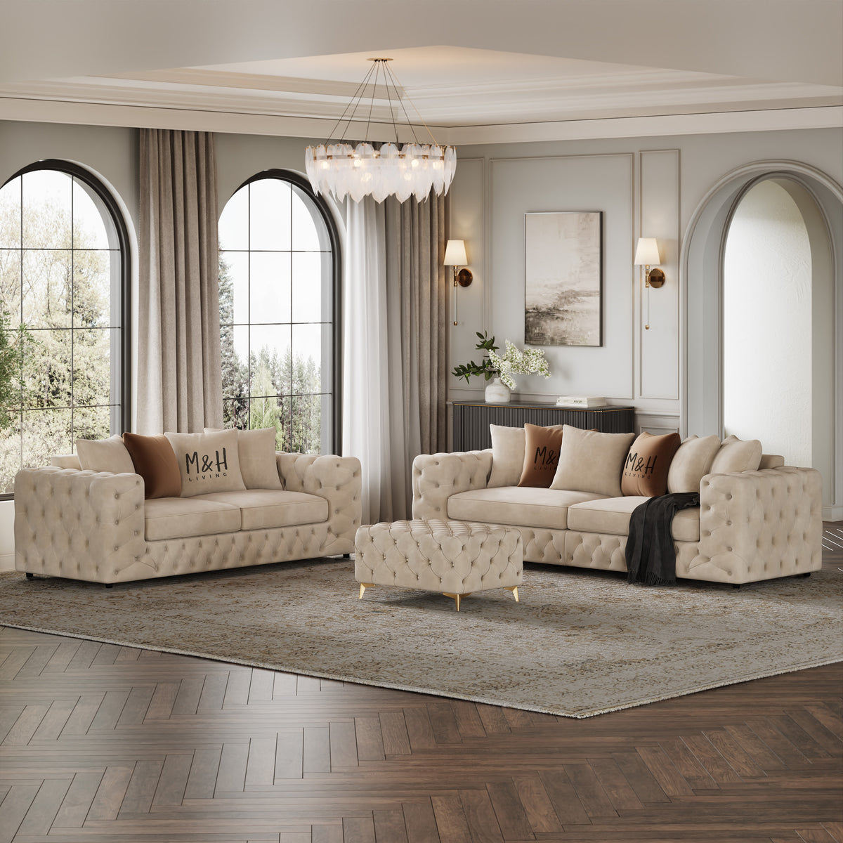 Ashton 3 + 2 Seater Sofa Set shown in plush velvet, angled view in a living room