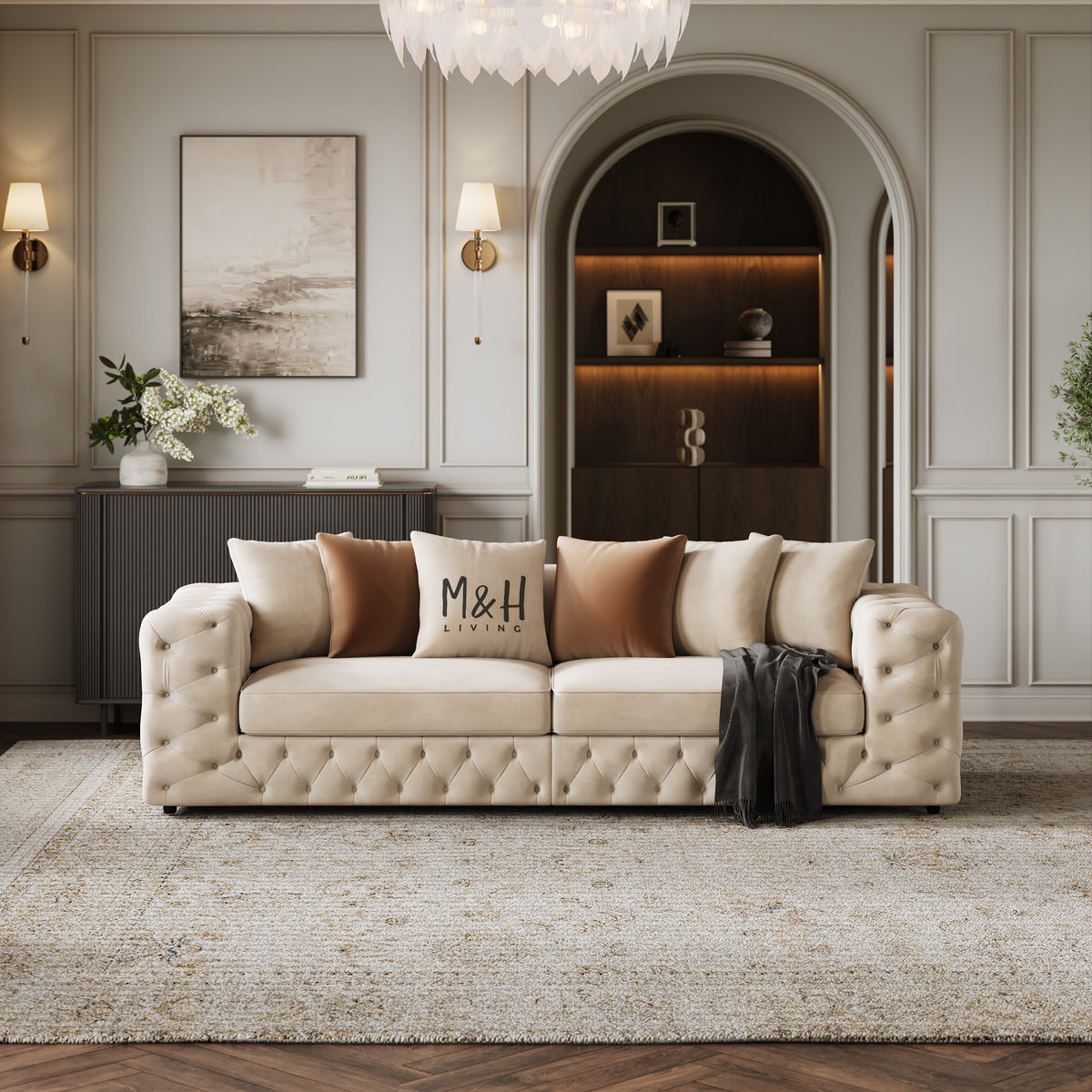 Ashton 3 Seater Sofa shown in plush velvet, front view in a living room