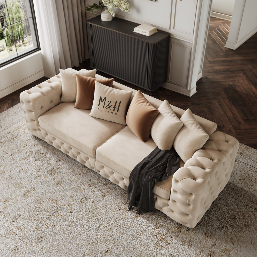 Ashton 3 Seater Sofa shown in plush velvet, overhead view in a living room