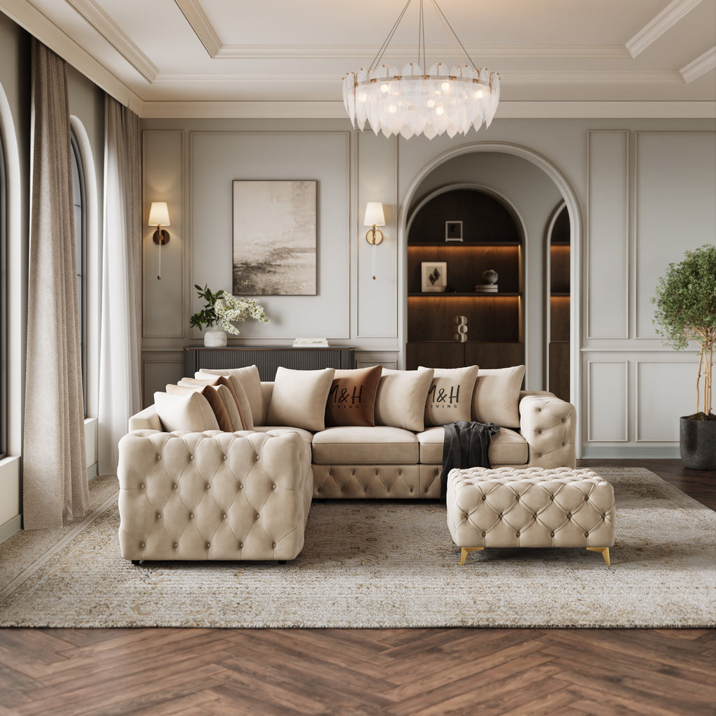 Ashton Corner Sofa shown in plush velvet, front view in a living room