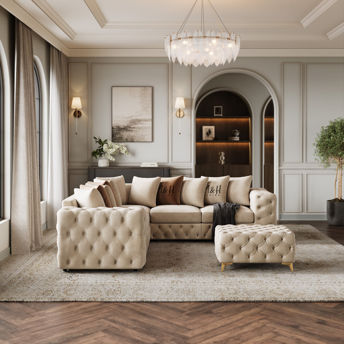 Ashton Corner Sofa shown in plush velvet, front view in a living room