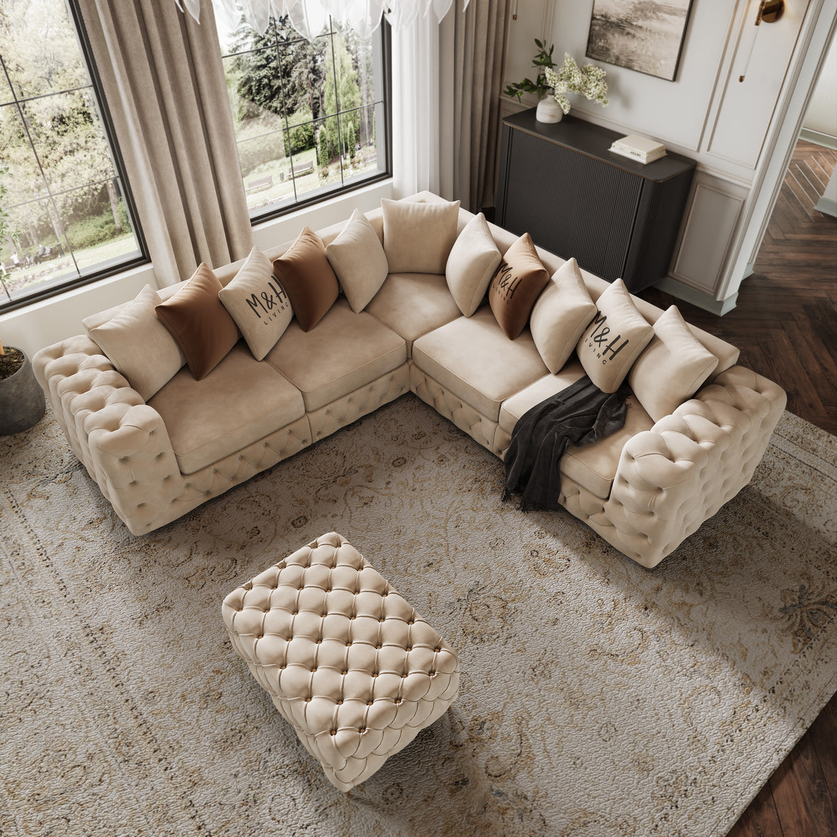 Ashton Corner Sofa shown in plush velvet, overhead view in a living room