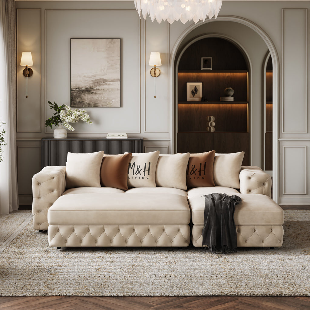 Ashton Convertible L Shape Sofa shown in plush velvet, front view in a living room