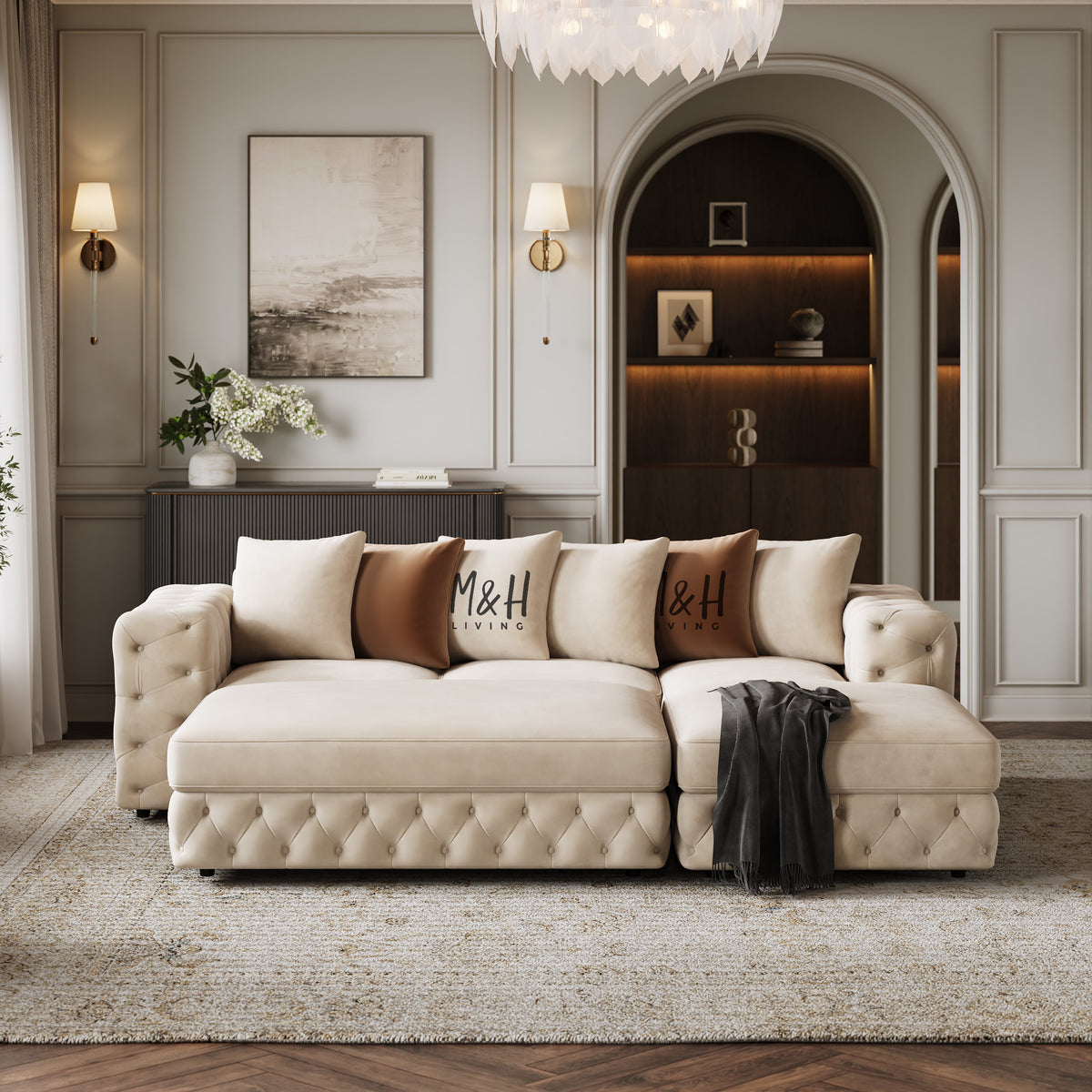 Ashton Convertible L Shape Sofa shown in plush velvet, front view in a living room