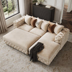 Ashton Convertible L Shape Sofa shown in plush velvet, overhead view in a living room