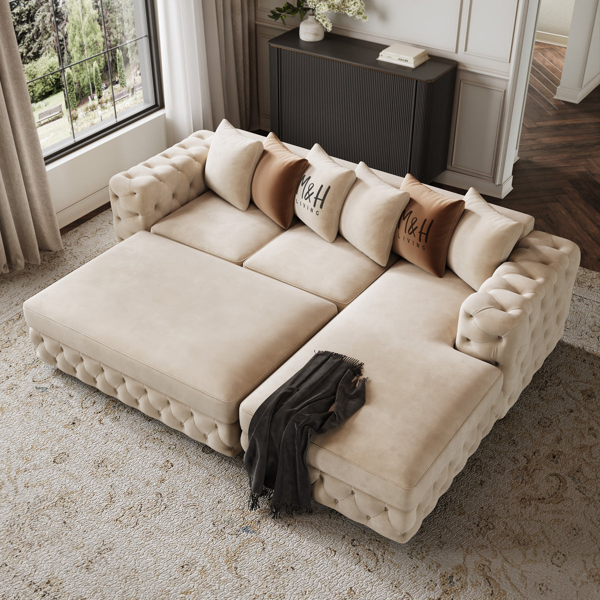 Ashton Convertible L Shape Sofa shown in plush velvet, overhead view in a living room