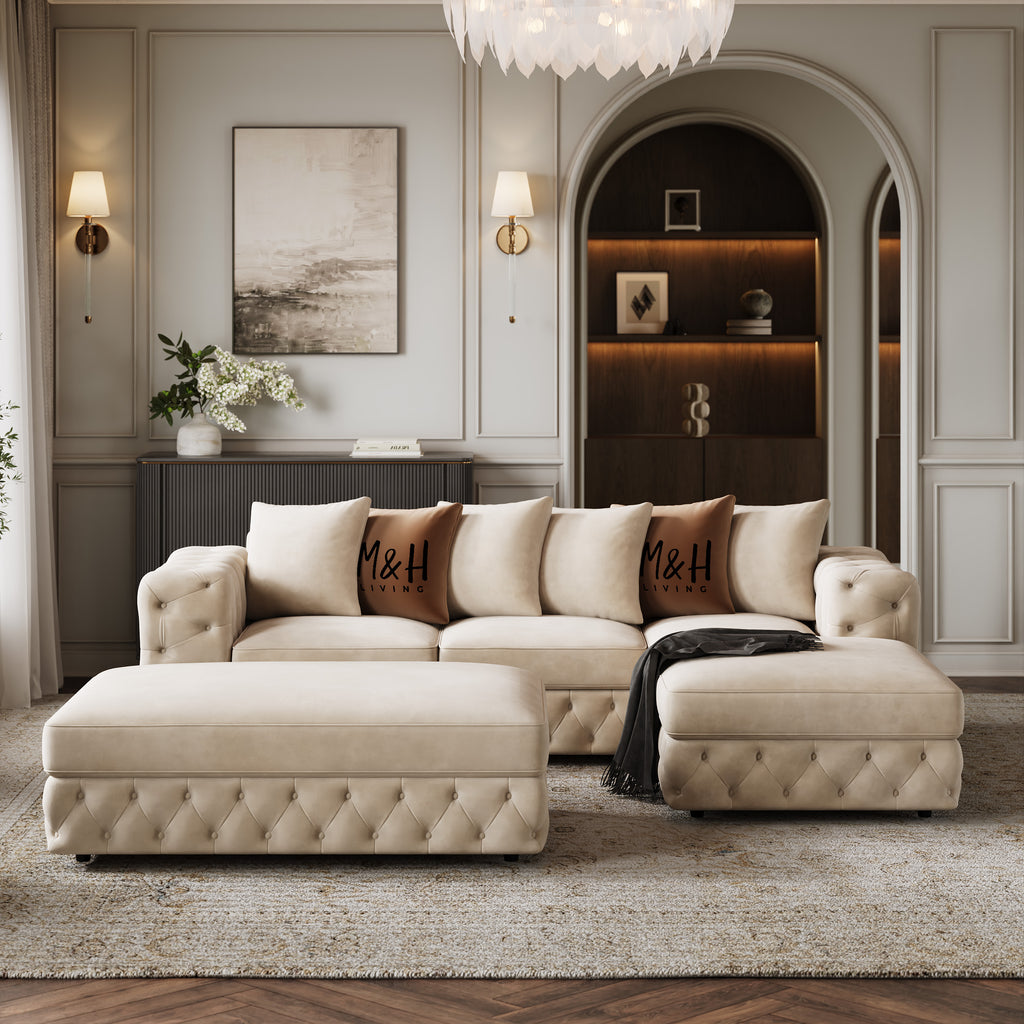 Ashton Convertible L Shape Sofa shown in plush velvet, front view in a living room