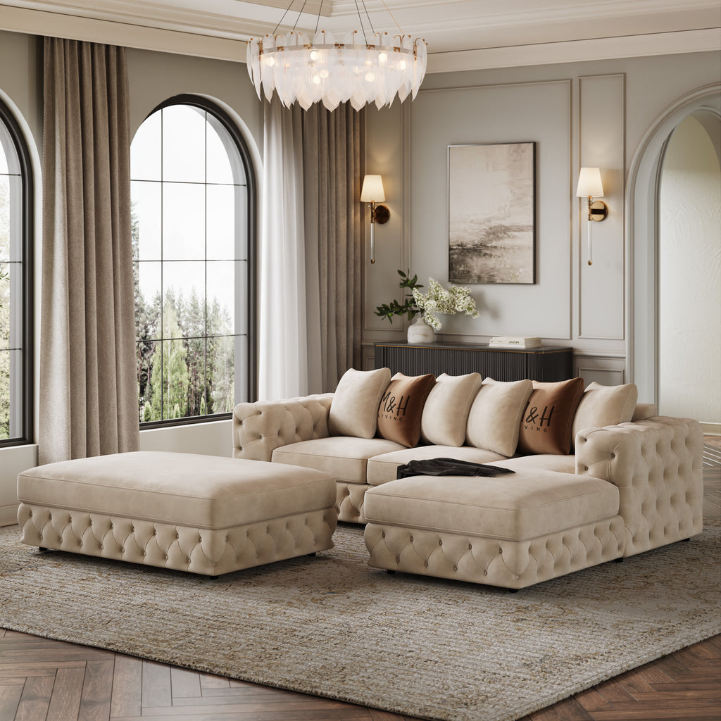 Ashton Convertible L Shape Sofa shown in plush velvet, angled view in a living room