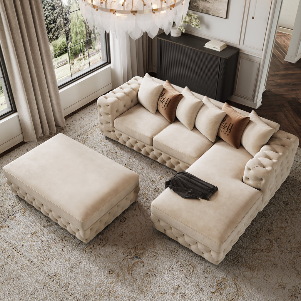Ashton Convertible L Shape Sofa shown in plush velvet, overhead view in a living room