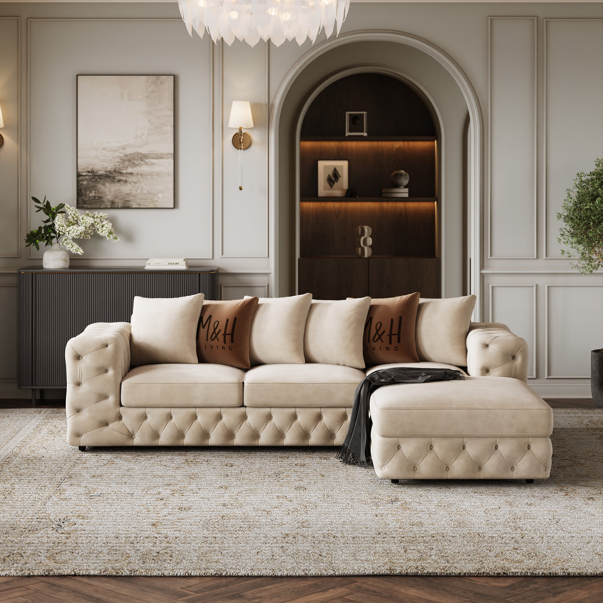 Ashton L Shape Sofa shown in plush velvet, front view in a living room