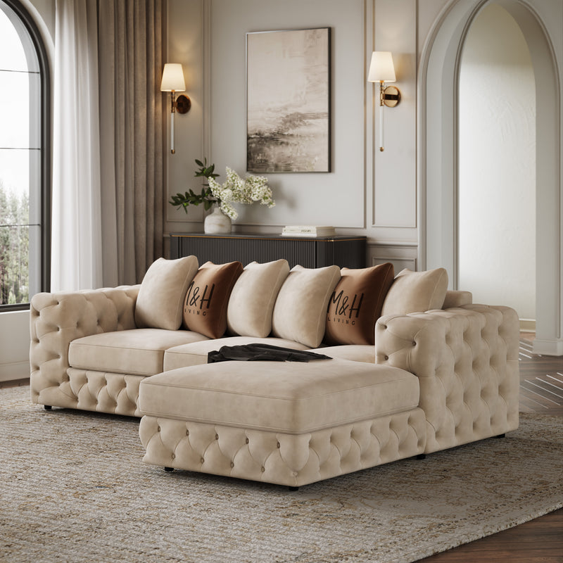 Ashton L Shape Sofa shown in plush velvet, angled view in a living room