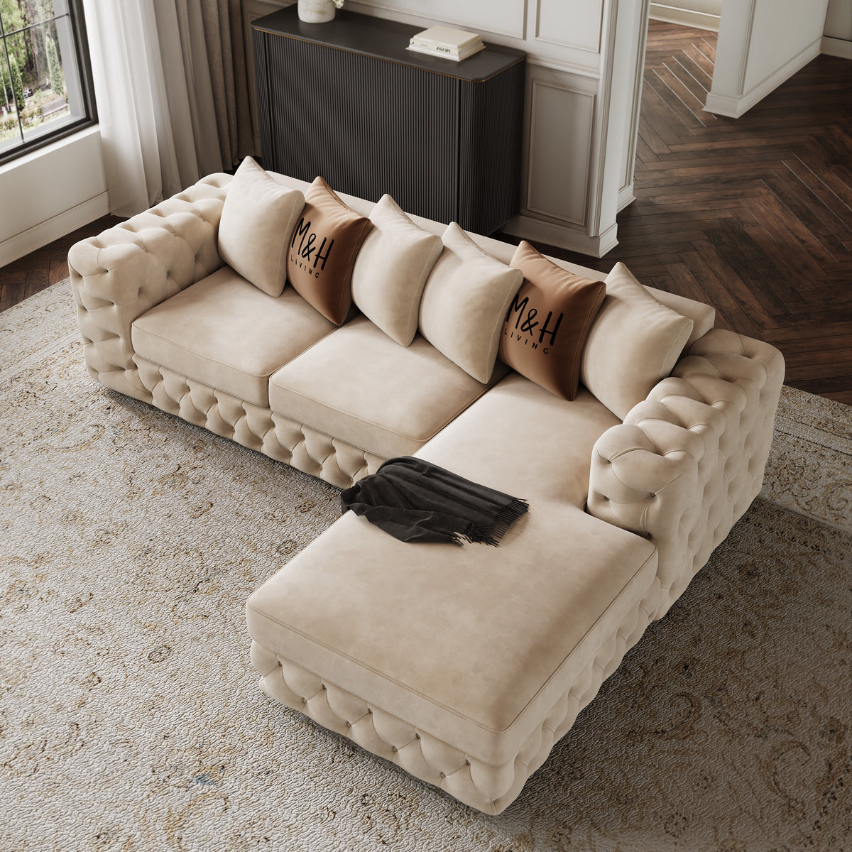 Ashton L Shape Sofa shown in plush velvet, overhead view in a living room