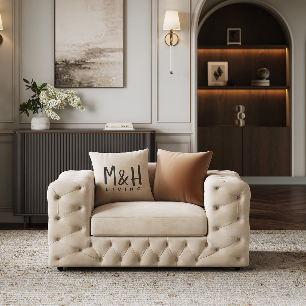 Ashton Loveseat Sofa shown in plush velvet, front view in a living room