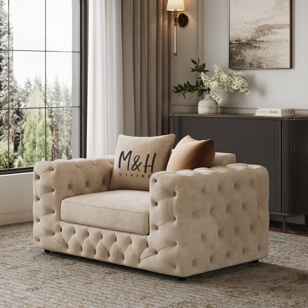 Ashton Loveseat Sofa shown in plush velvet, angled view in a living room