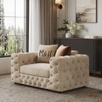 Ashton Loveseat Sofa shown in plush velvet, angled view in a living room