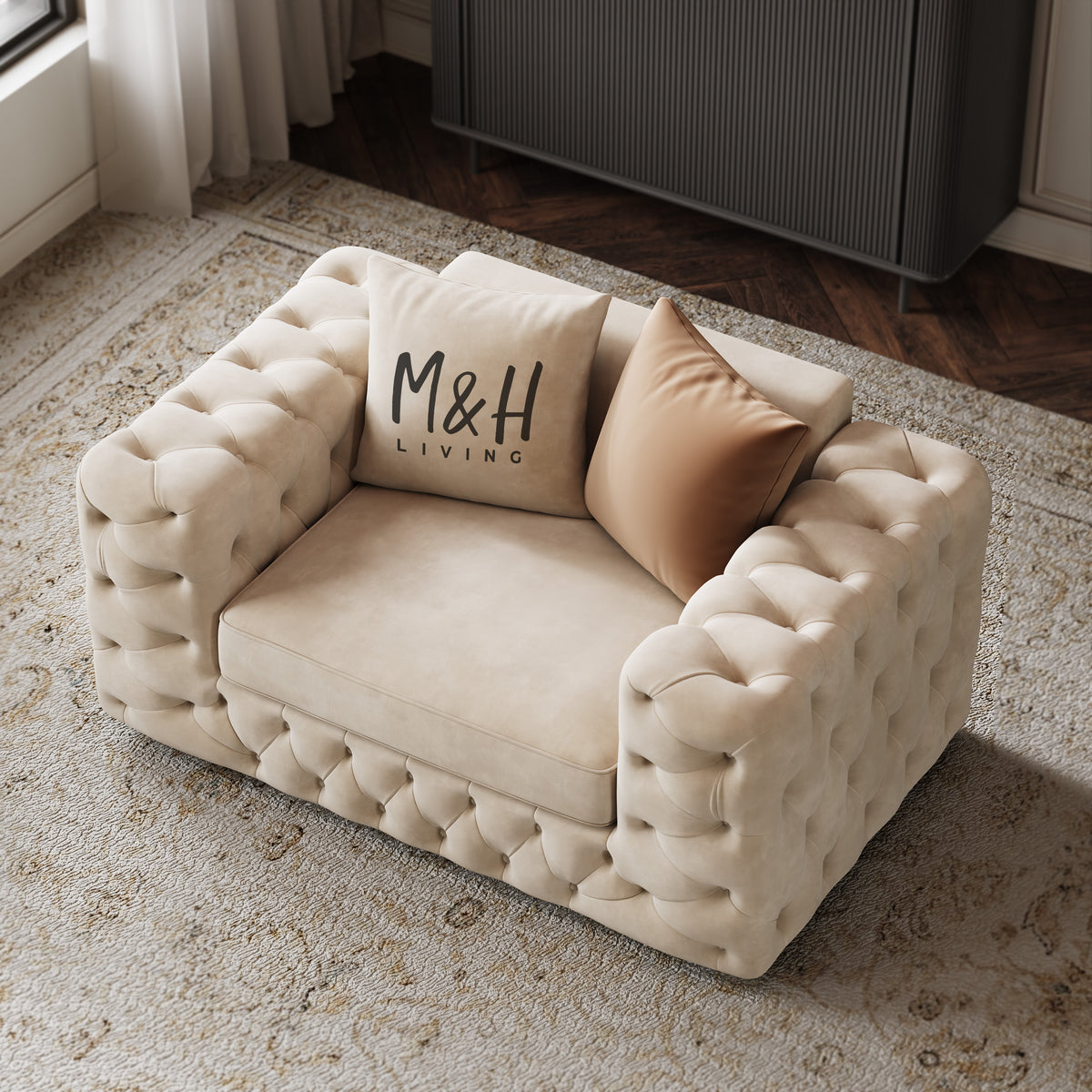 Ashton Loveseat Sofa shown in plush velvet, overhead view in a living room