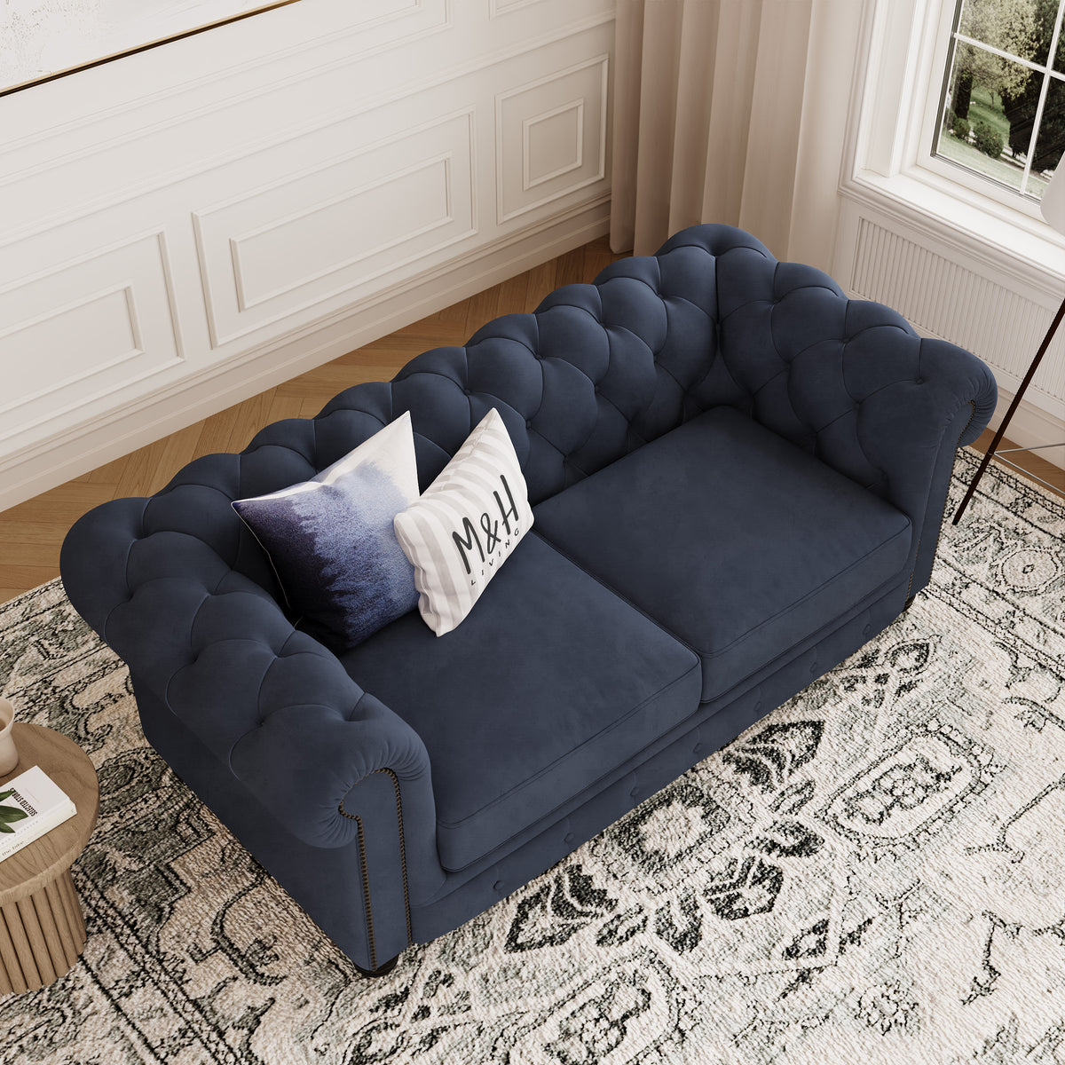 Chelsea Chesterfield 2 Seater Sofa shown in plush velvet, overhead view in a living room