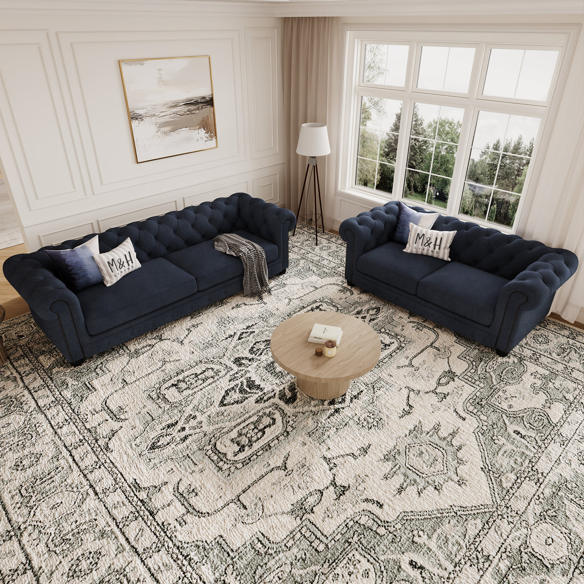 Chelsea Chesterfield 3 + 2 Seater Sofa Set shown in plush velvet, overhead view in a living room