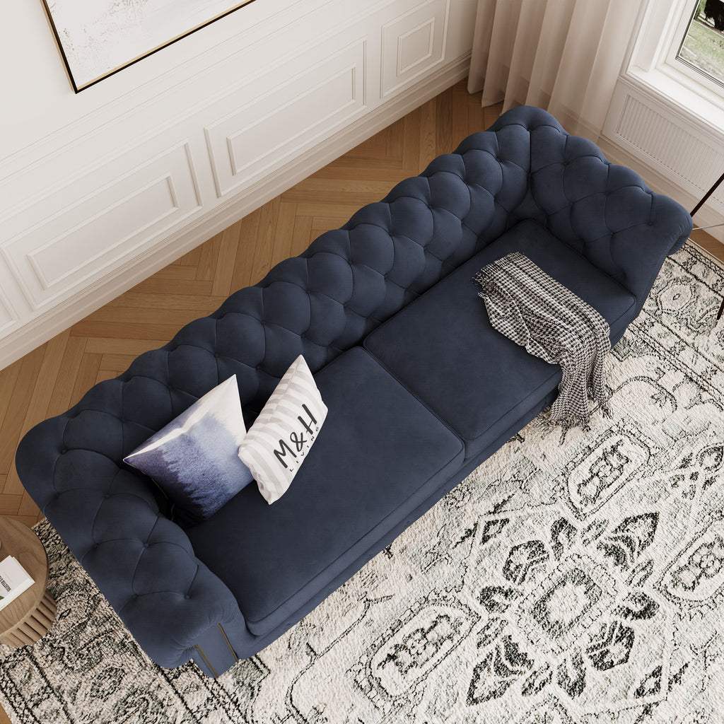 Chelsea Chesterfield 3 Seater Sofa shown in plush velvet, overhead view in a living room