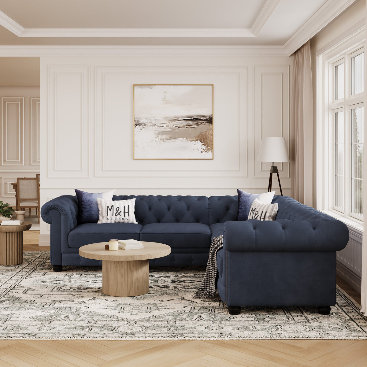 Chelsea Chesterfield Corner Sofa shown in plush velvet, front view in a living room