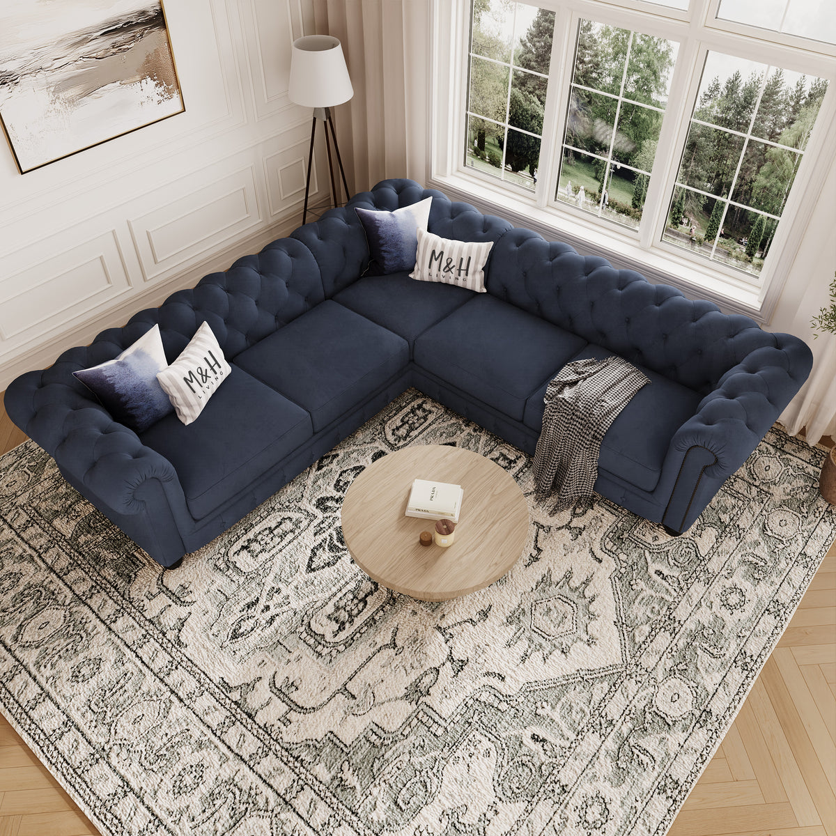 Chelsea Chesterfield Corner Sofa shown in plush velvet, overhead view in a living room