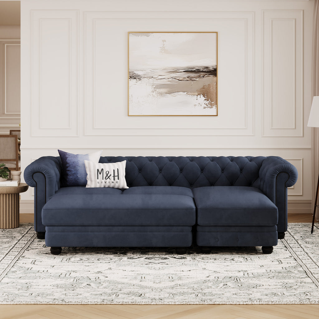 Chelsea Chesterfield Convertible L Shape Sofa shown in plush velvet, front view in a living room