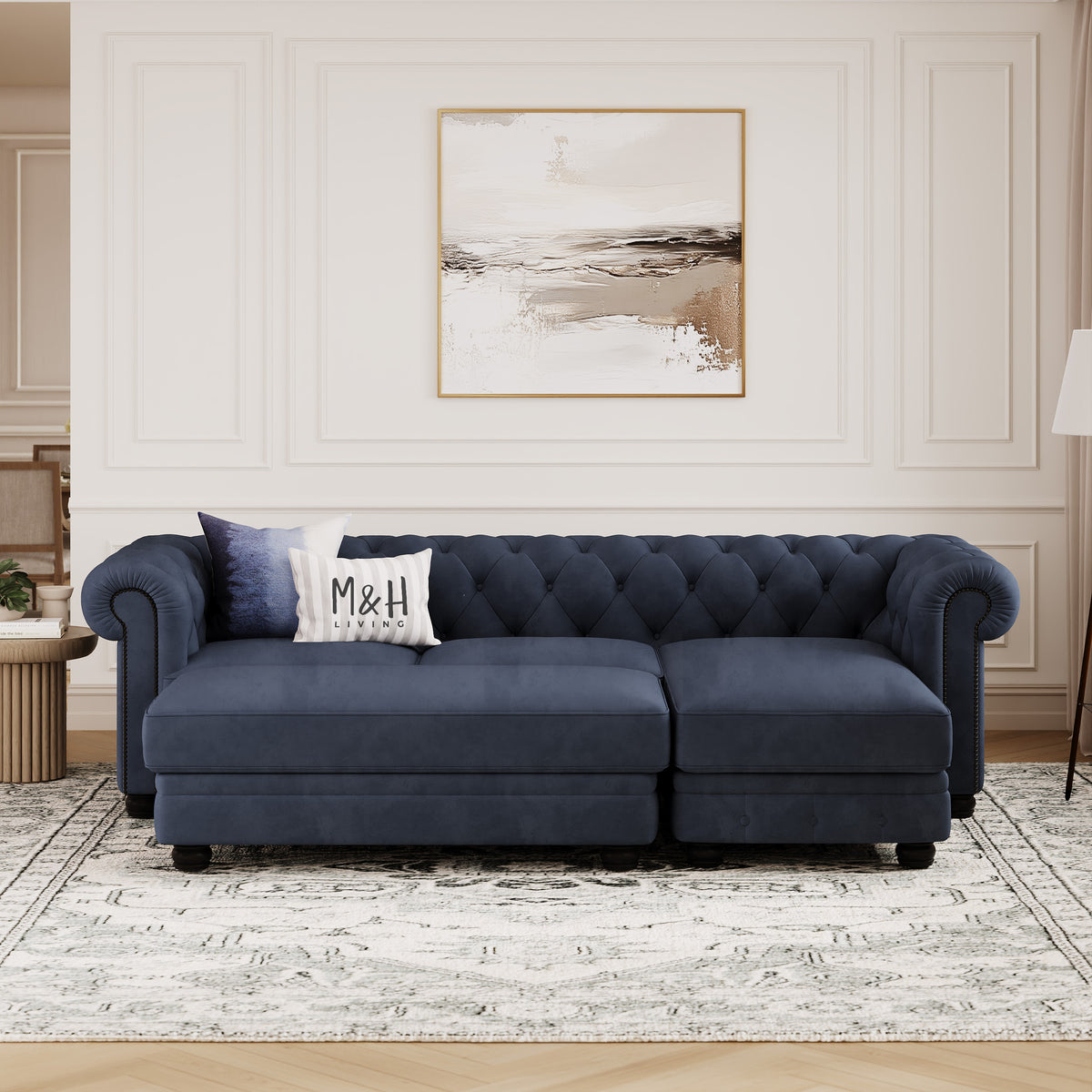 Chelsea Chesterfield Convertible L Shape Sofa shown in plush velvet, front view in a living room