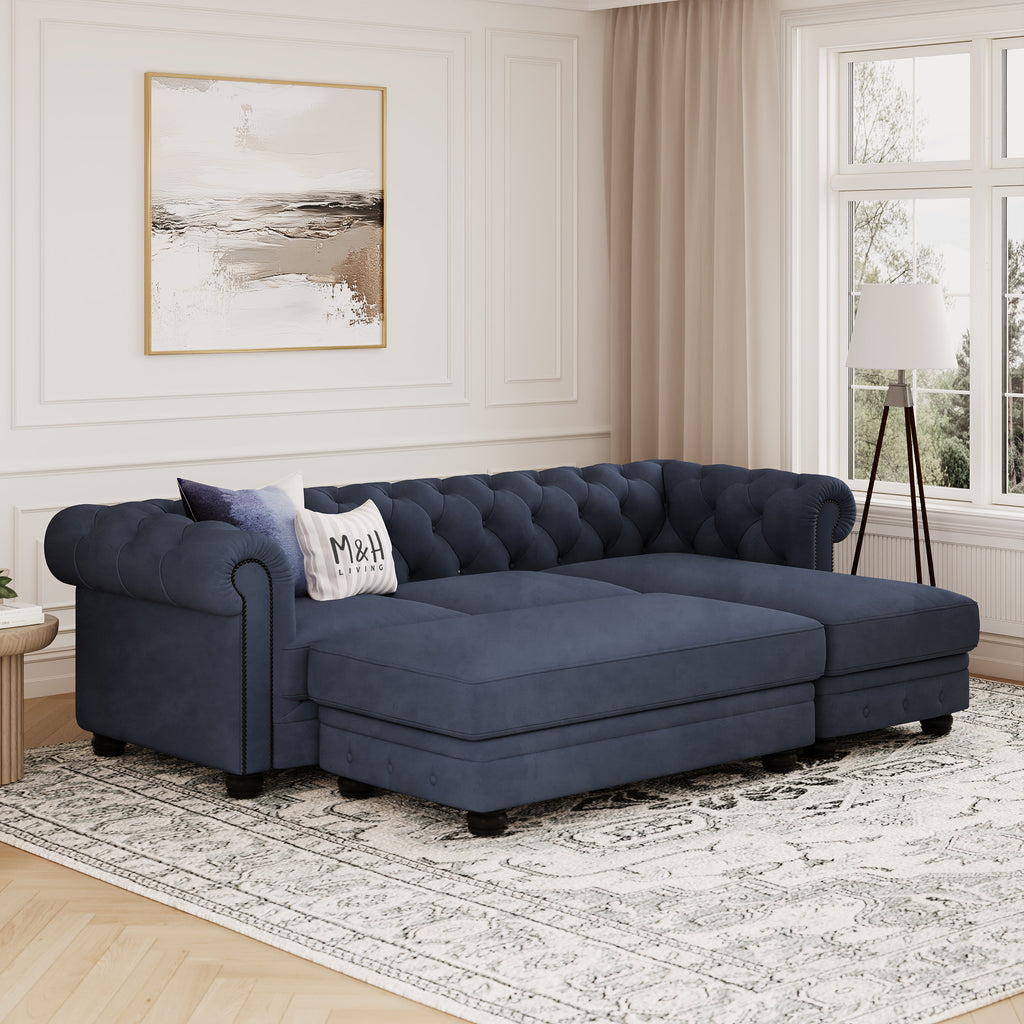 Chelsea Chesterfield Convertible L Shape Sofa shown in plush velvet, angled view in a living room