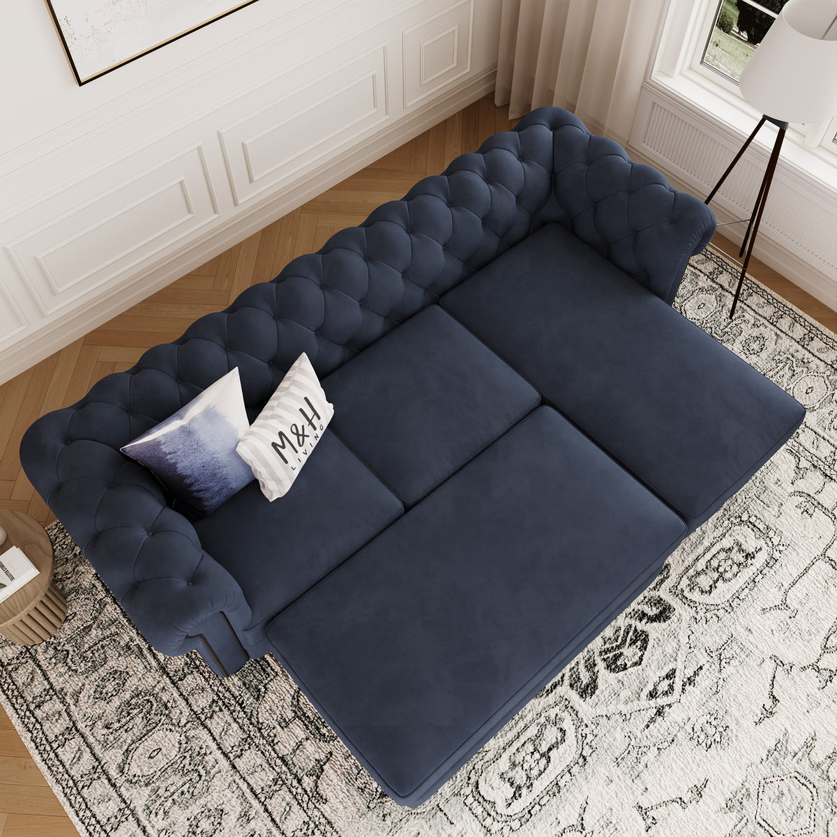 Chelsea Chesterfield Convertible L Shape Sofa shown in plush velvet, overhead view in a living room