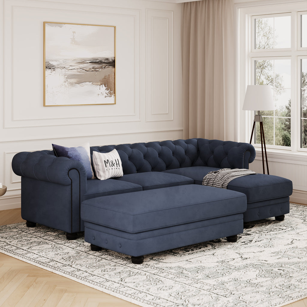 Chelsea Chesterfield Convertible L Shape Sofa shown in plush velvet, angled view in a living room