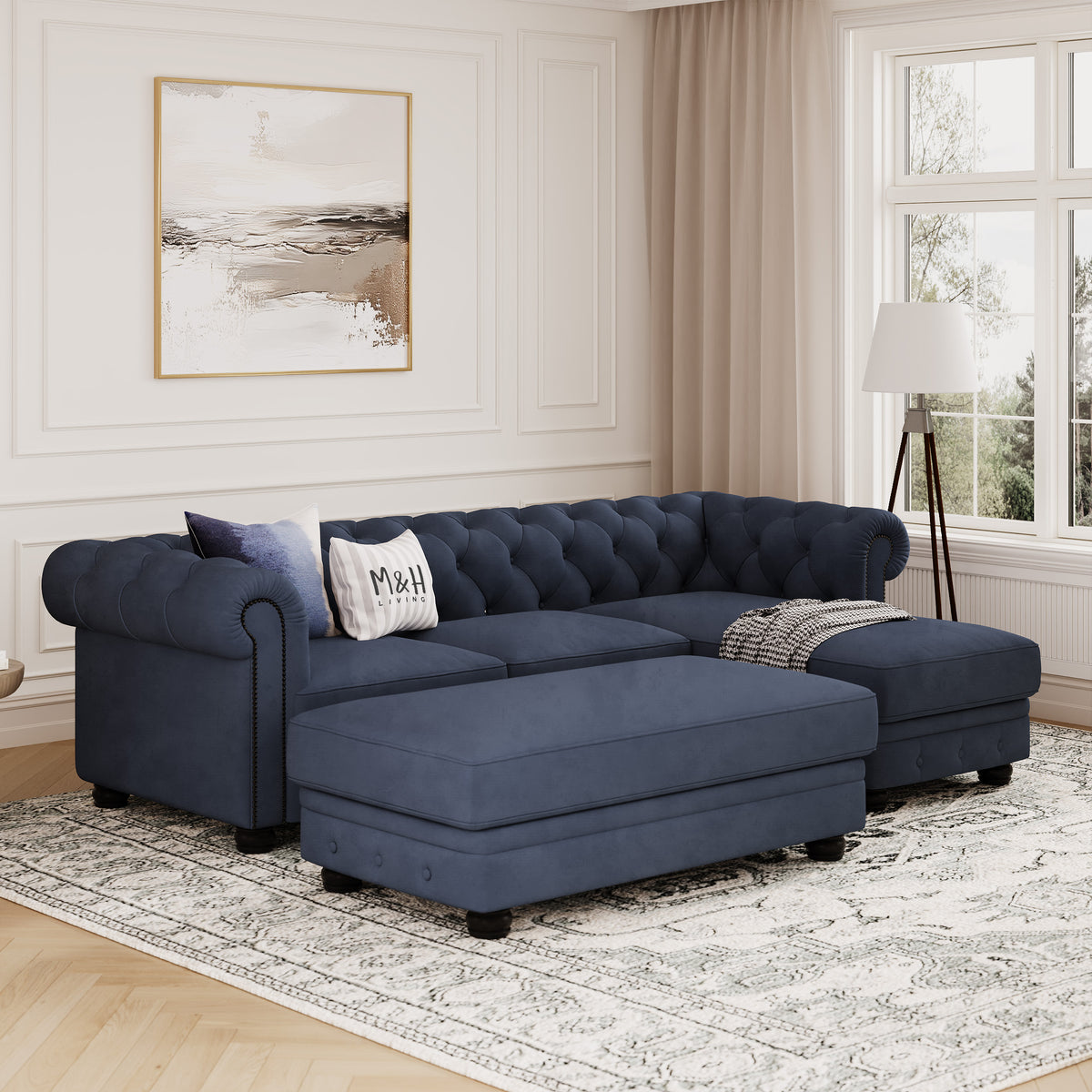 Chelsea Chesterfield Convertible L Shape Sofa shown in plush velvet, angled view in a living room
