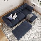 Chelsea Chesterfield Convertible L Shape Sofa shown in plush velvet, overhead view in a living room