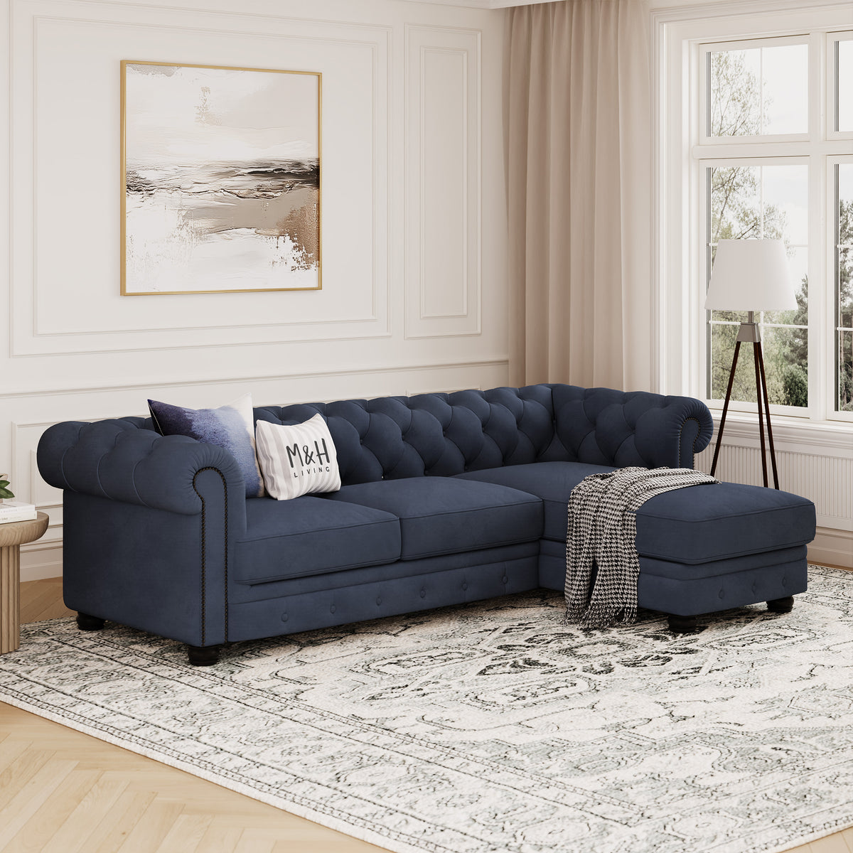 Chelsea Chesterfield L Shape Sofa shown in plush velvet, angled view in a living room