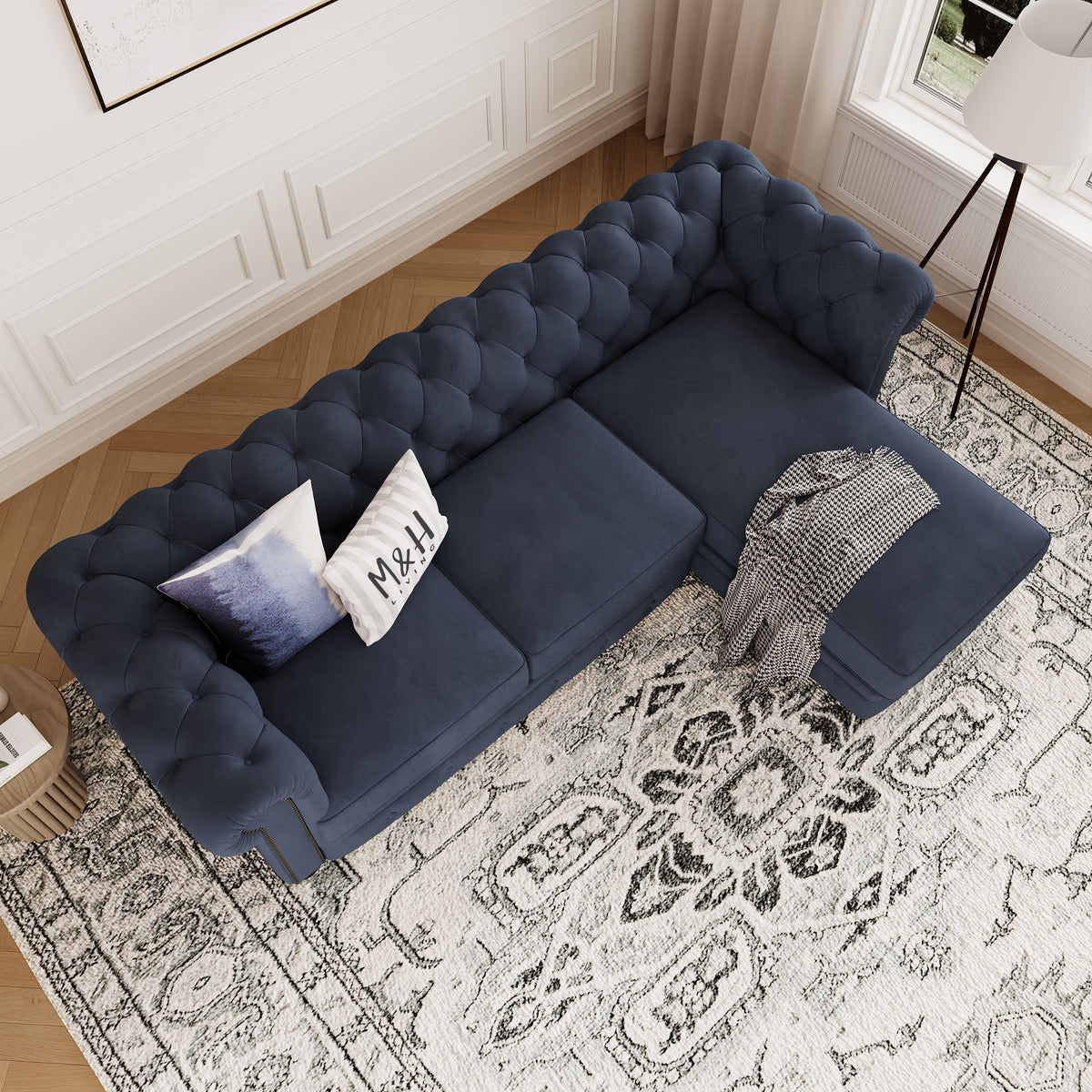 Chelsea Chesterfield L Shape Sofa shown in plush velvet, overhead view in a living room