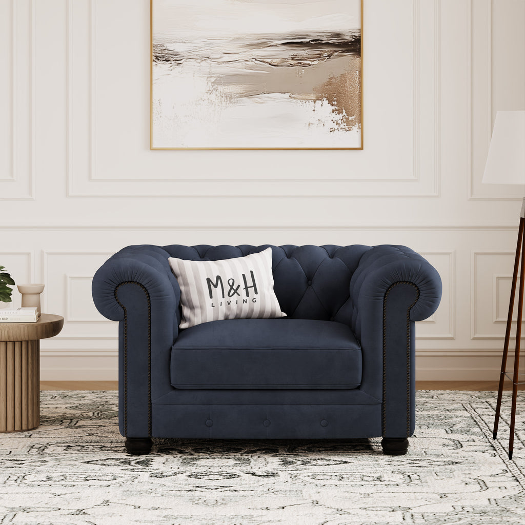 Chelsea Chesterfield Loveseat Sofa shown in plush velvet, front view in a living room