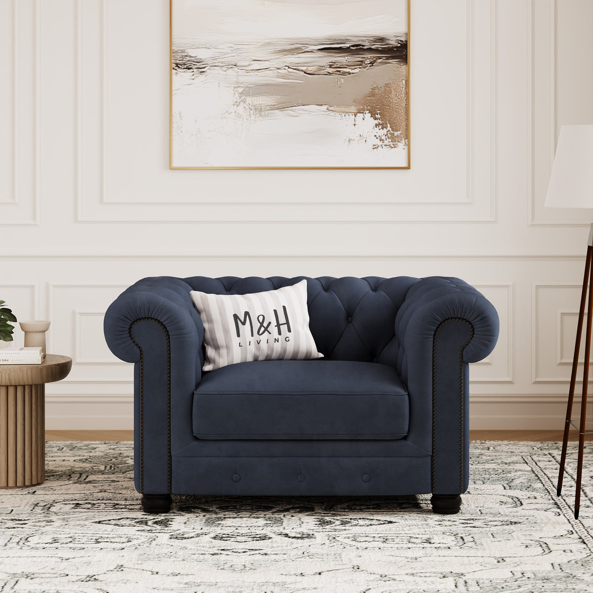 Chelsea Chesterfield Loveseat Sofa shown in plush velvet, front view in a living room