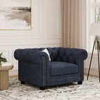 Chelsea Chesterfield Loveseat Sofa shown in plush velvet, angled view in a living room