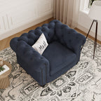 Chelsea Chesterfield Loveseat Sofa shown in plush velvet, overhead view in a living room
