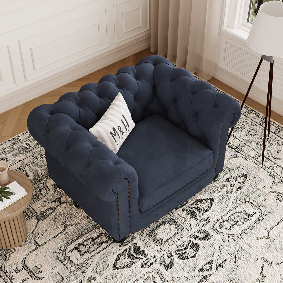 Chelsea Chesterfield Loveseat Sofa shown in plush velvet, overhead view in a living room