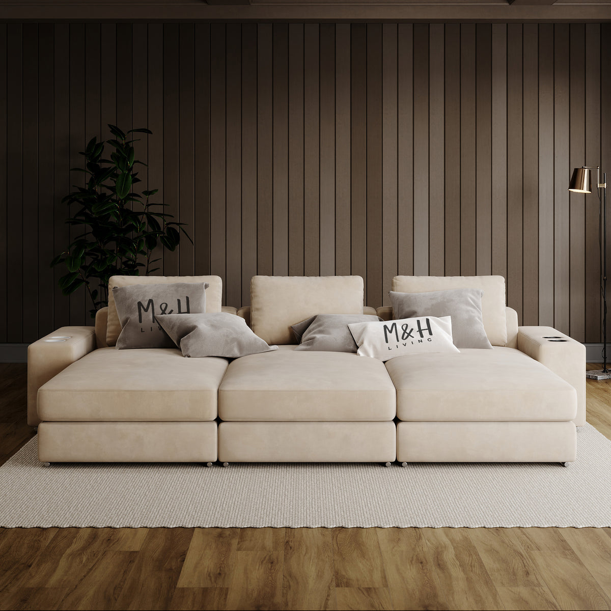 Harlow Cinema Sofa shown in plush velvet, front view in a living room