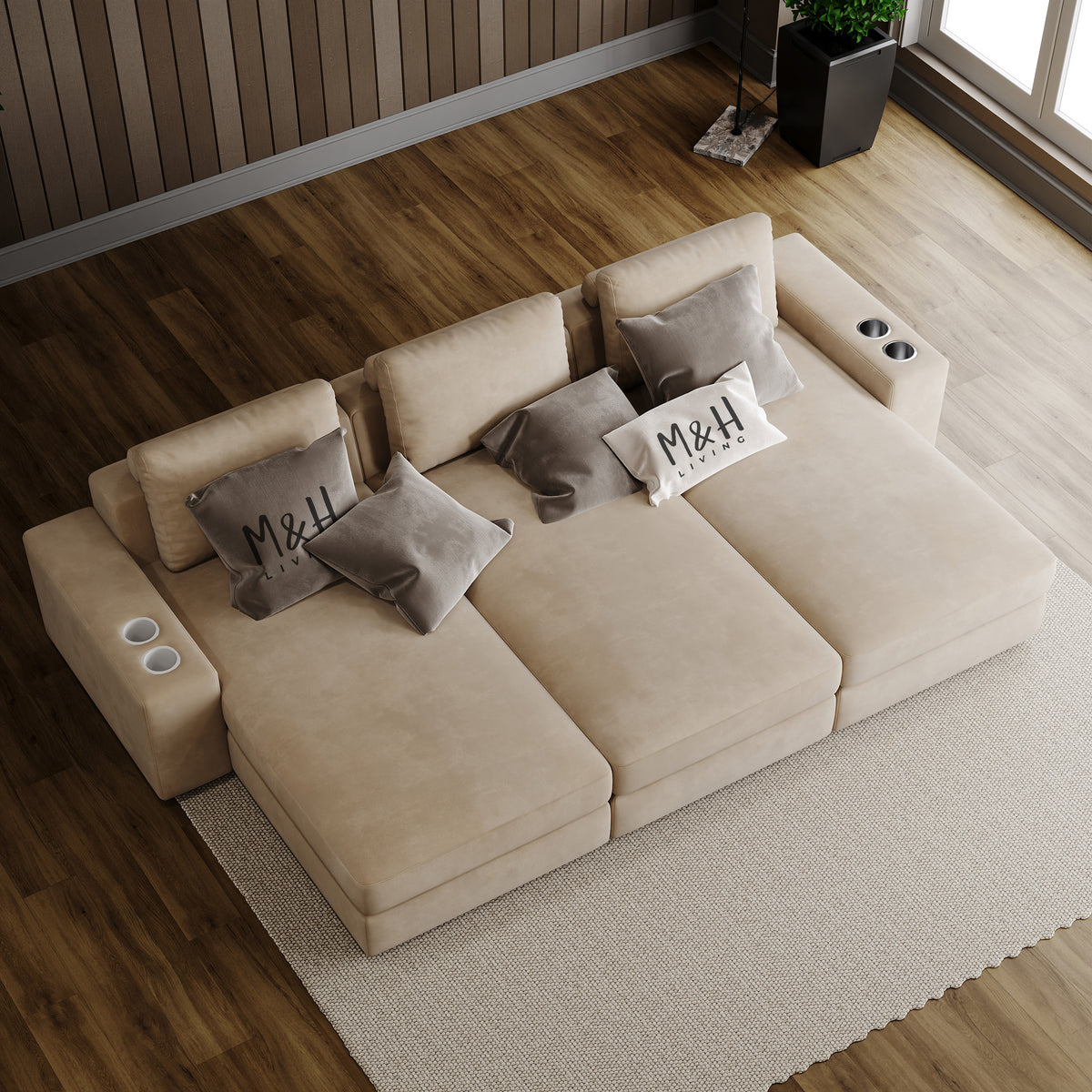 Harlow Cinema Sofa shown in plush velvet, overhead view in a living room