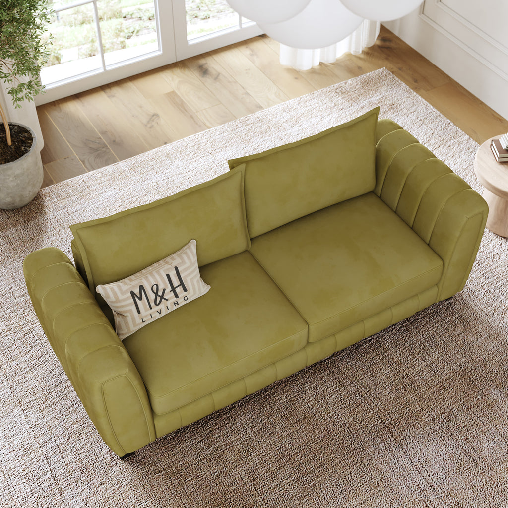 Hazel 2 Seater Sofa shown in plush velvet, overhead view in a living room