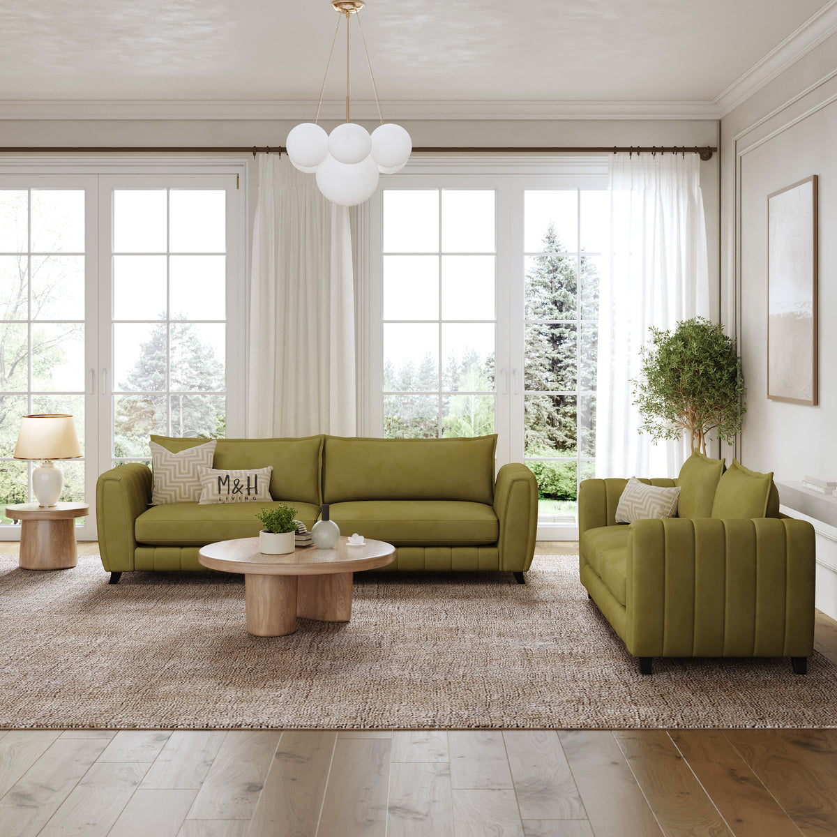 Hazel 3 + 2 Seater Sofa Set shown in plush velvet, front view in a living room