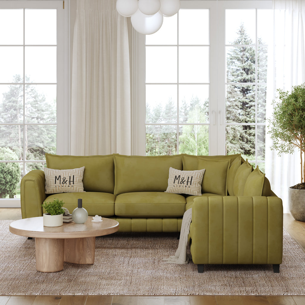 Hazel Corner Sofa shown in plush velvet, front view in a living room