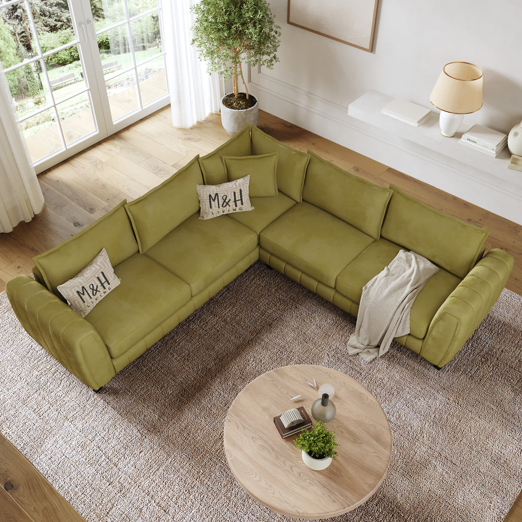 Hazel Corner Sofa shown in plush velvet, overhead view in a living room