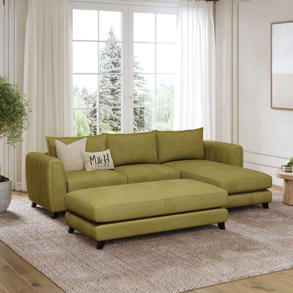Hazel Convertible L Shape Sofa shown in plush velvet, angled view in a living room
