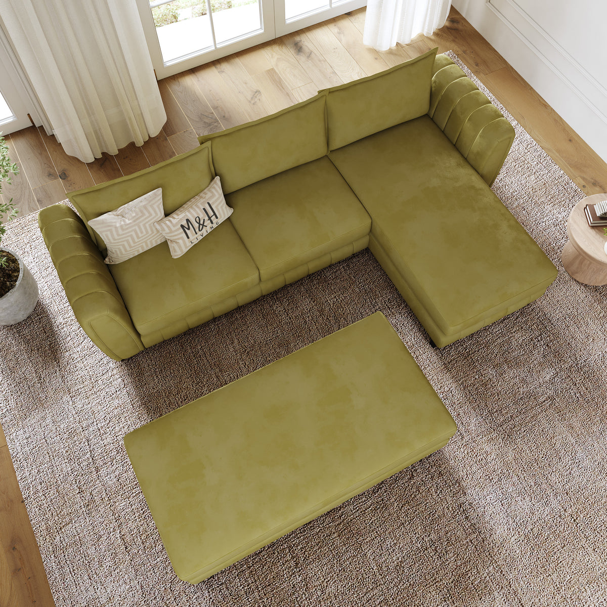 Hazel Convertible L Shape Sofa shown in plush velvet, overhead view in a living room